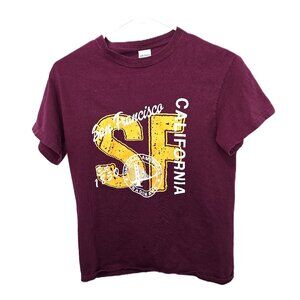 Gildan SF San Francisco California Graphic T-Shirt Womens Small Maroon Yellow
